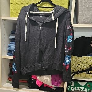 Womens Brand New Without Tags Mudd Charcoal Hoodie with Floral Embroidery
